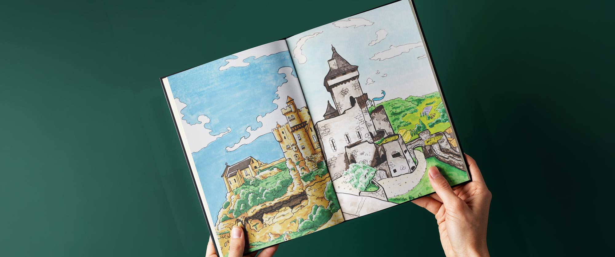 Dessin aux marqueurs à alcool des forterresses de Beynac et de Castelnaud Dessin aux marqueurs à alcool des forterresses de Beynac et de Castelnaud