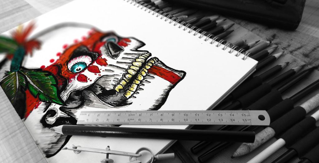 Illustration d’un crâne tribal aux feutres aquarellables