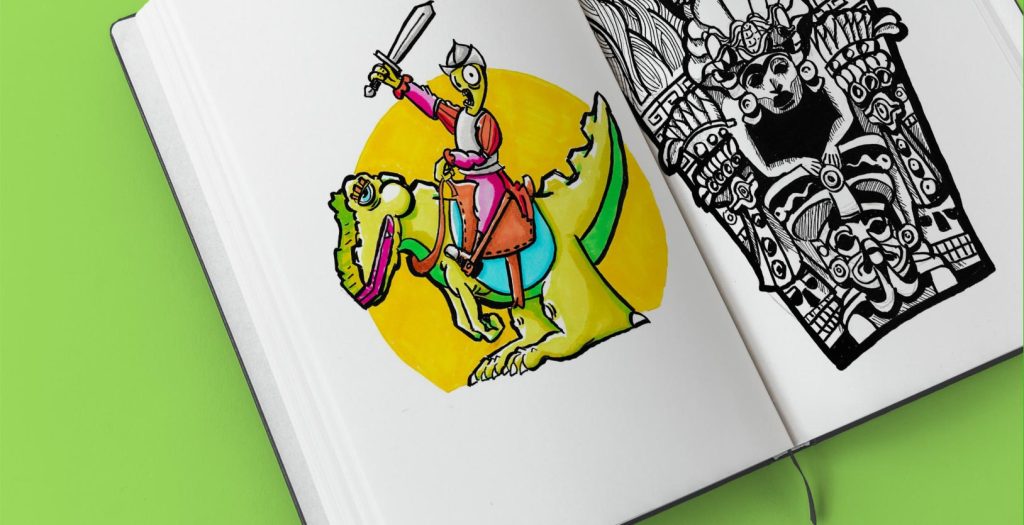 Illustration d’un personnage humoristique et composition abstraite