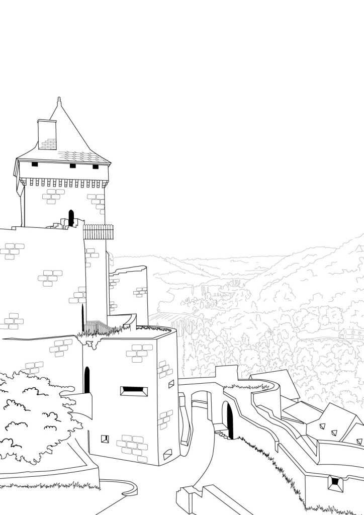 Coloriage du château de Castelnaud-la-Chapelle et de la vallée
