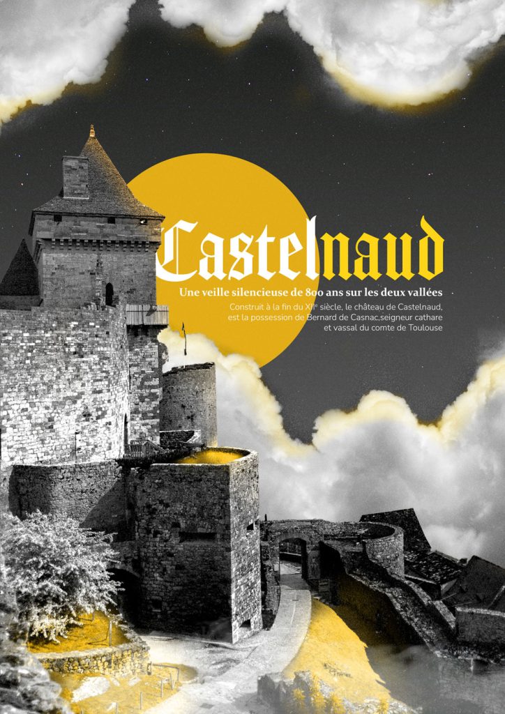 Création graphique du château de Castelnaud-la-Chapelle aux tons jaunes et gris