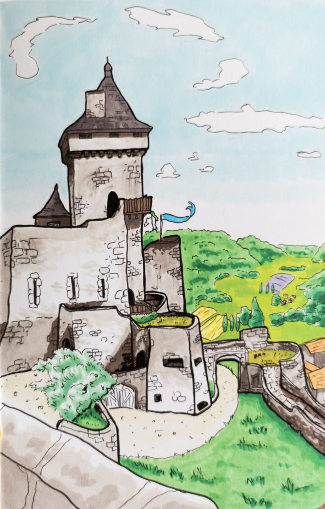Illustration du château de Castelnaud-la-Chapelle réalisée aux marqueurs à alcool
